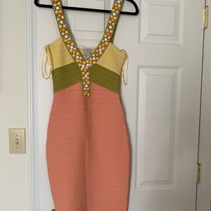 Herve Leger Peach, Olive & Yellow Beaded Midi Bandage Dress